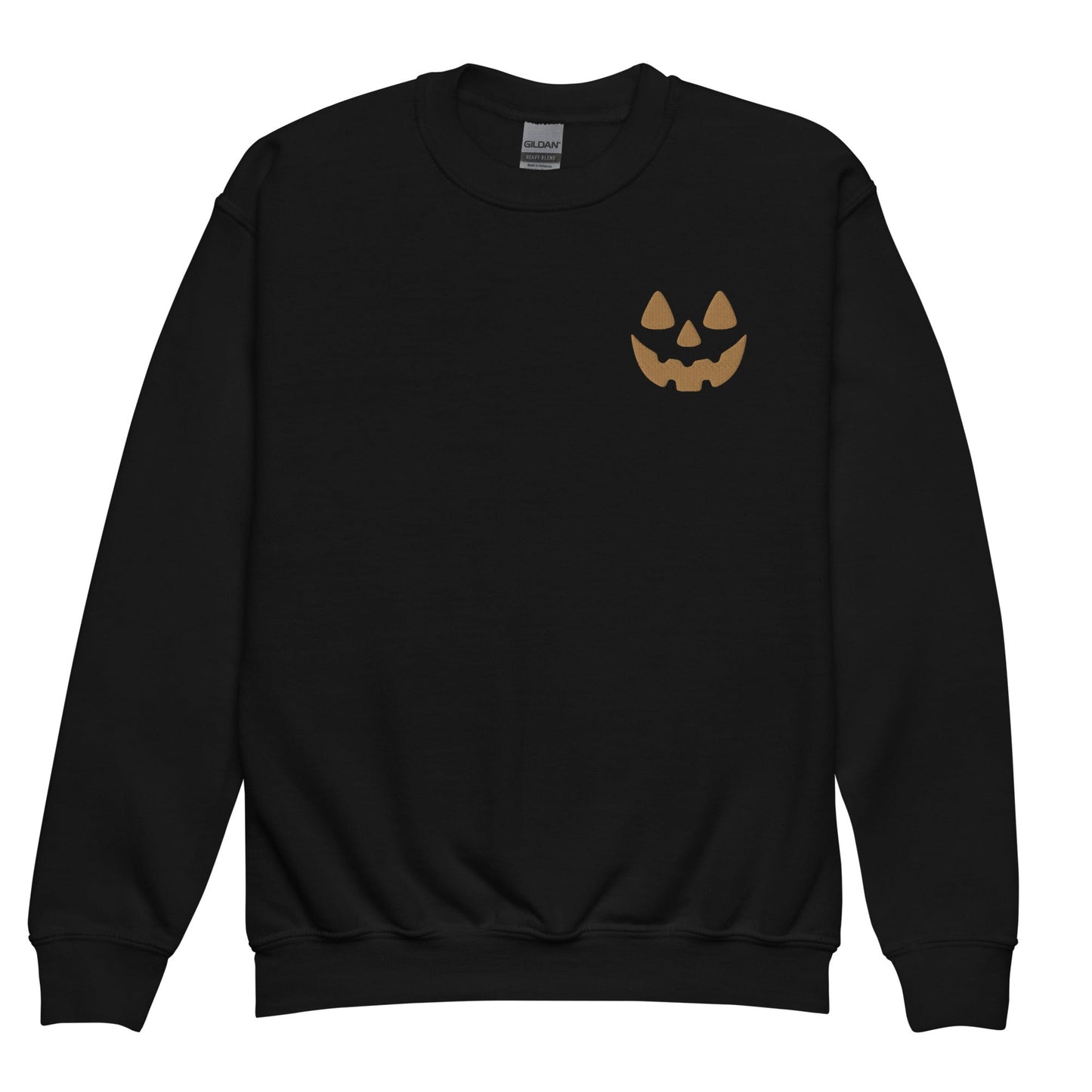 Pumkin Smile - Embroidered Pullover - Chunky Chunky Deli product photo: Crewneck sweatshirt featuring a jack-o'-lantern face embroidered on the left breast pocket, perfect for fall or Halloween.