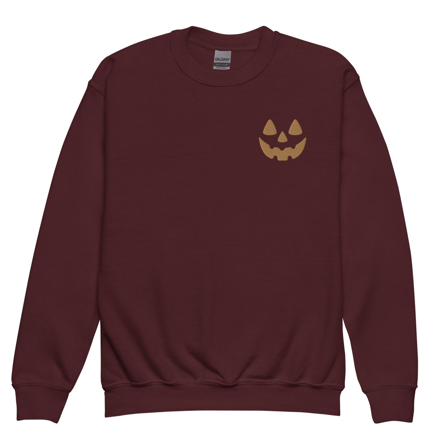 Chunky Deli product photo: Crewneck sweatshirt featuring a jack-o'-lantern face embroidered on the left breast pocket, perfect for fall or Halloween.