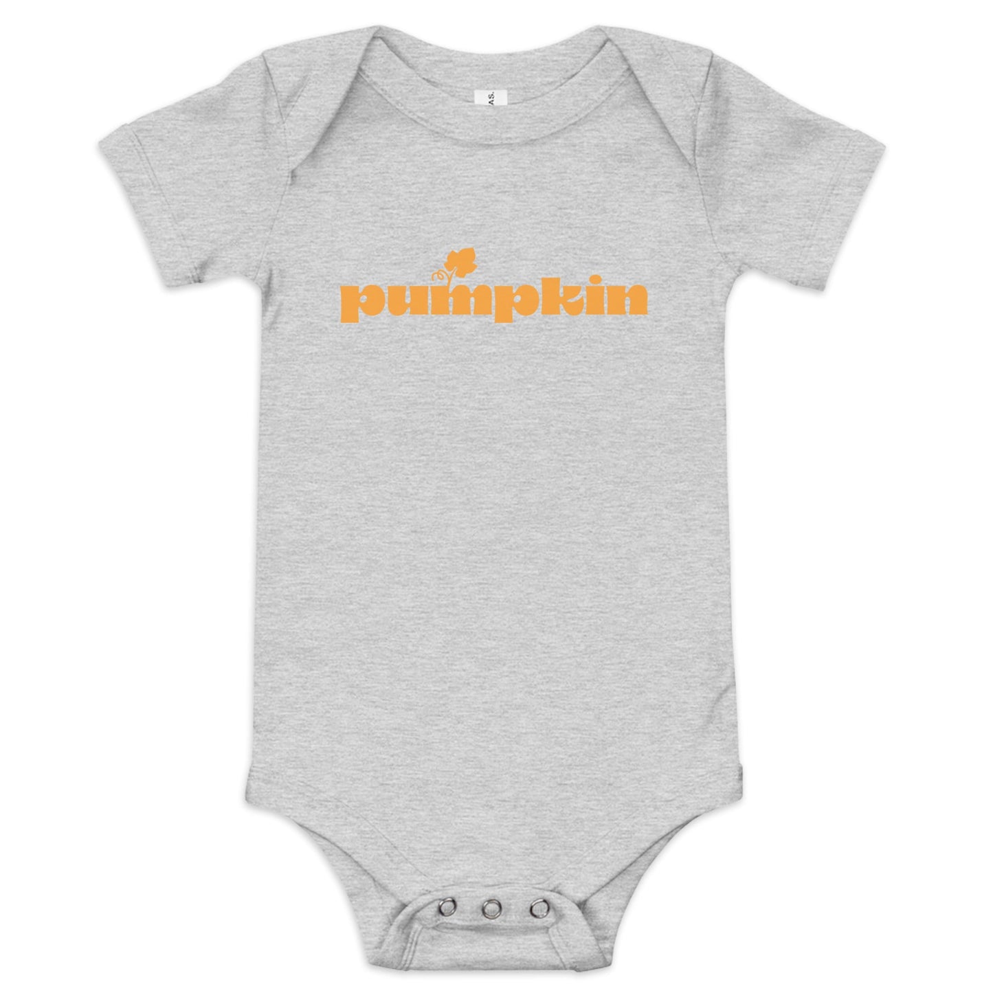 Chunky Deli product image: "Pumpkin" onesie (100% cotton, grey color) laid flat on a white background, showcasing the envelope shoulders, short sleeves, three-snap closure, and the text "Pumpkin" printed in orange across the chest.