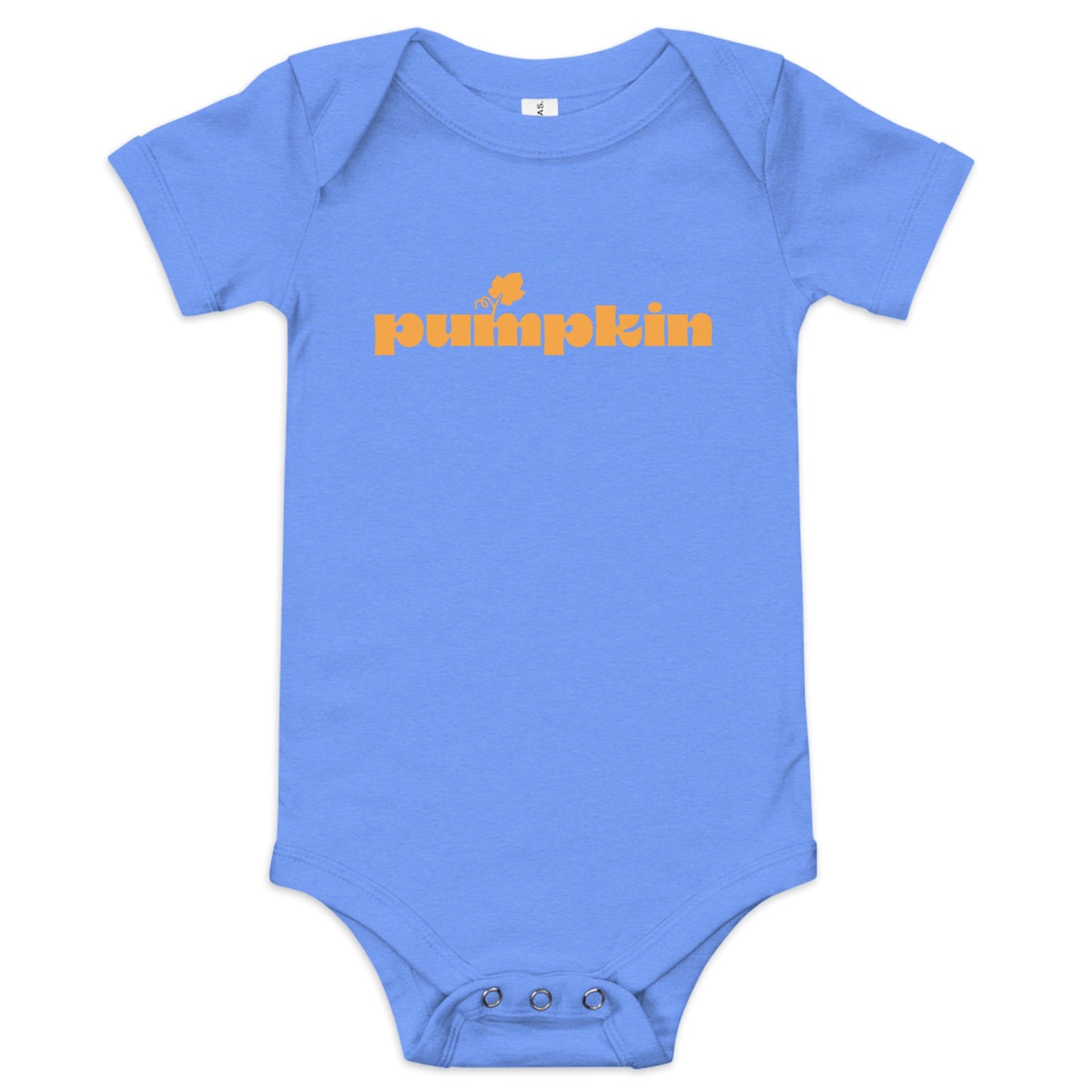 Chunky Deli product image: "Pumpkin" onesie (100% cotton, blue color) laid flat on a white background, showcasing the envelope shoulders, short sleeves, three-snap closure, and the text "Pumpkin" printed in orange across the chest.