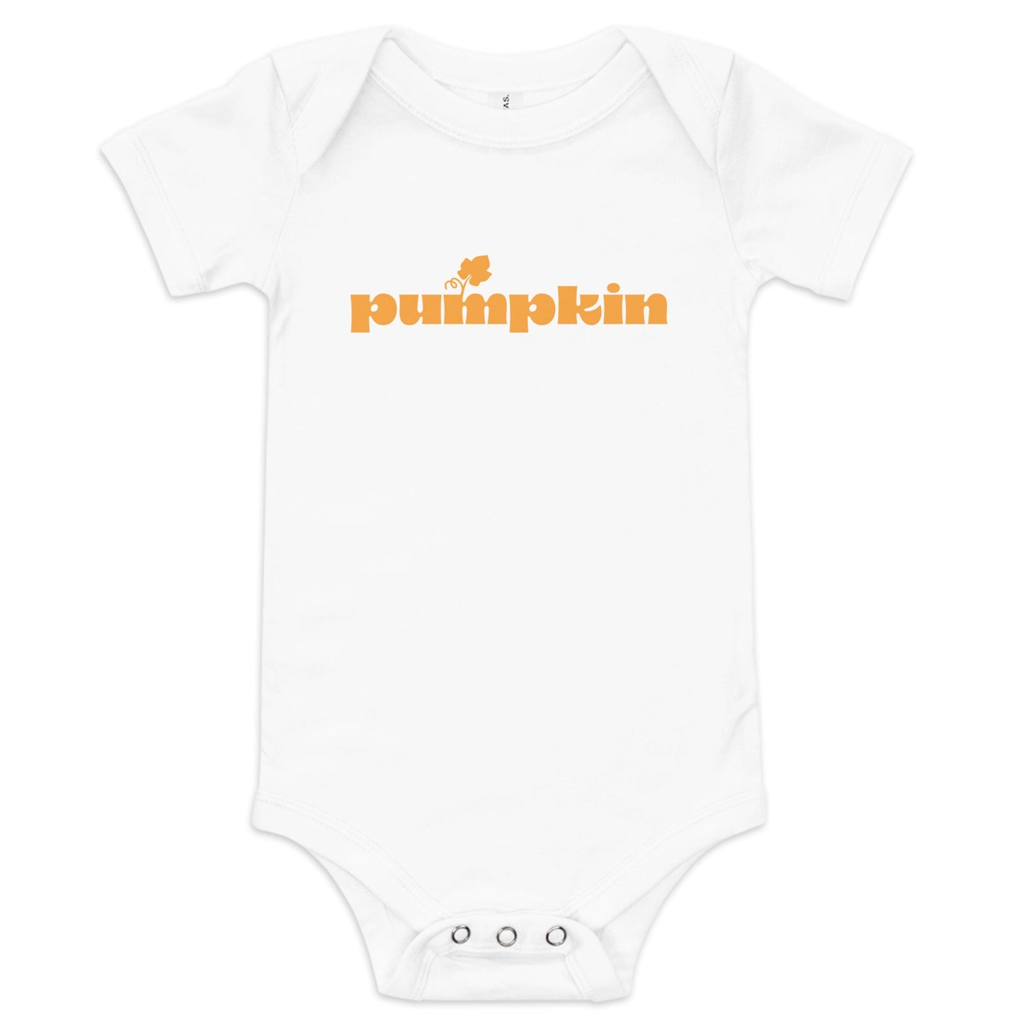 Chunky Deli product image: "Pumpkin" onesie (100% cotton, natural color) laid flat on a white background, showcasing the envelope shoulders, short sleeves, three-snap closure, and the text "Pumpkin" printed in orange across the chest.