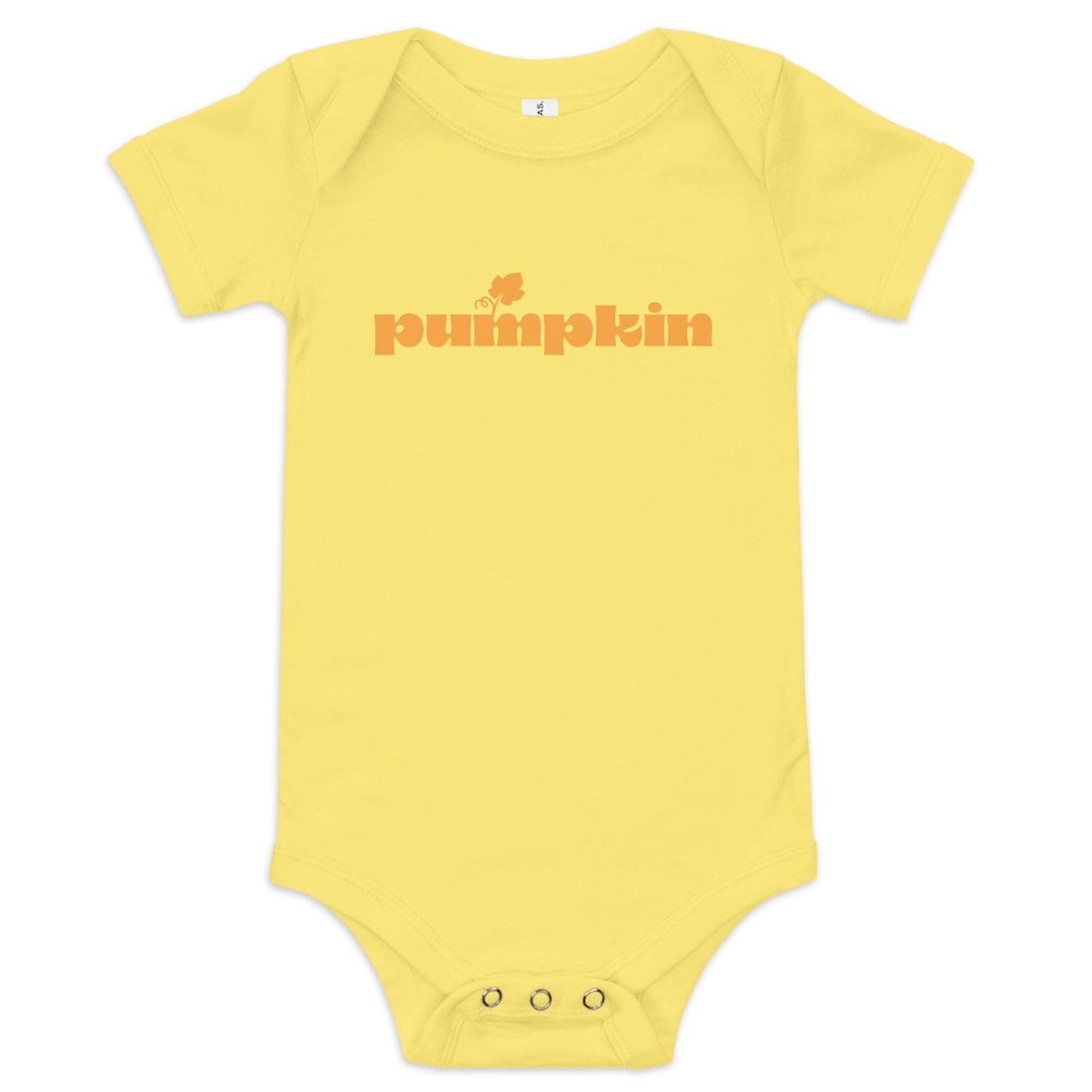 Chunky Deli product image: "Pumpkin" onesie (100% cotton, yellow color) laid flat on a white background, showcasing the envelope shoulders, short sleeves, three-snap closure, and the text "Pumpkin" printed in orange across the chest.