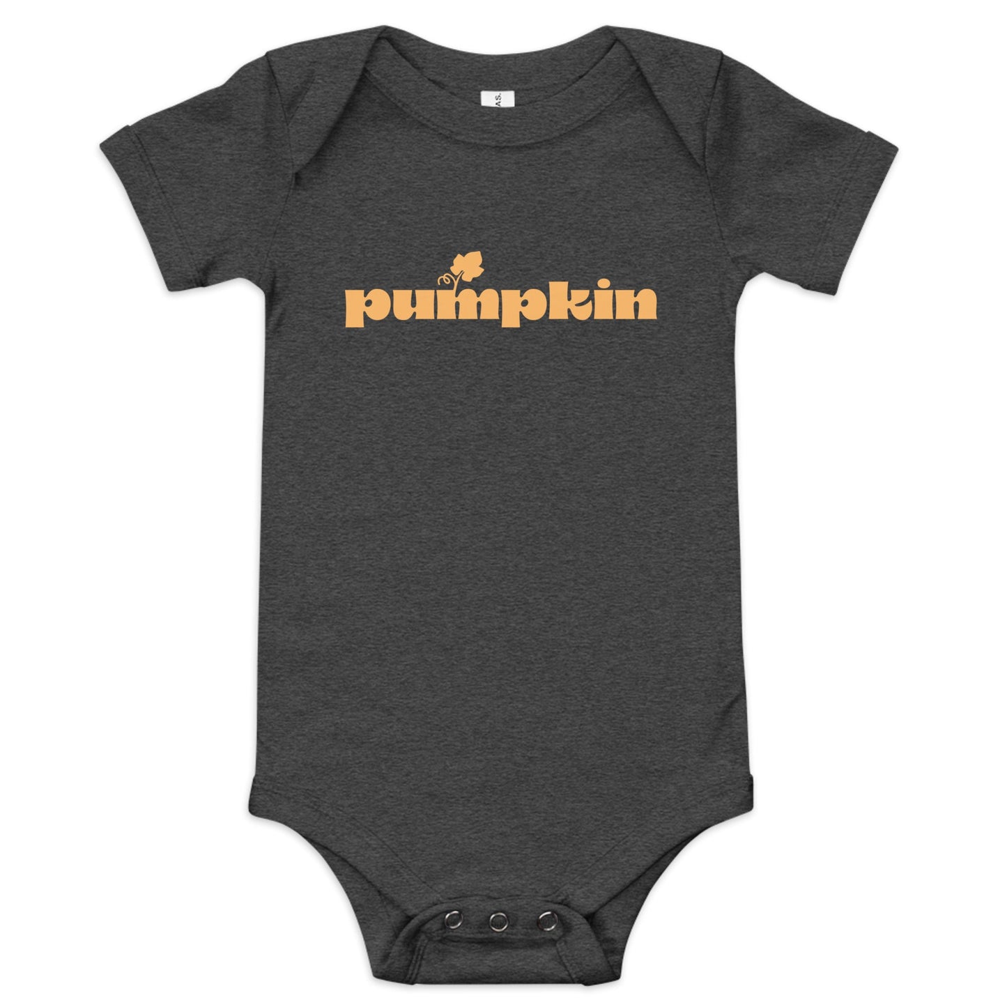 Chunky Deli product image: "Pumpkin" onesie (100% cotton, black color) laid flat on a white background, showcasing the envelope shoulders, short sleeves, three-snap closure, and the text "Pumpkin" printed in orange across the chest.