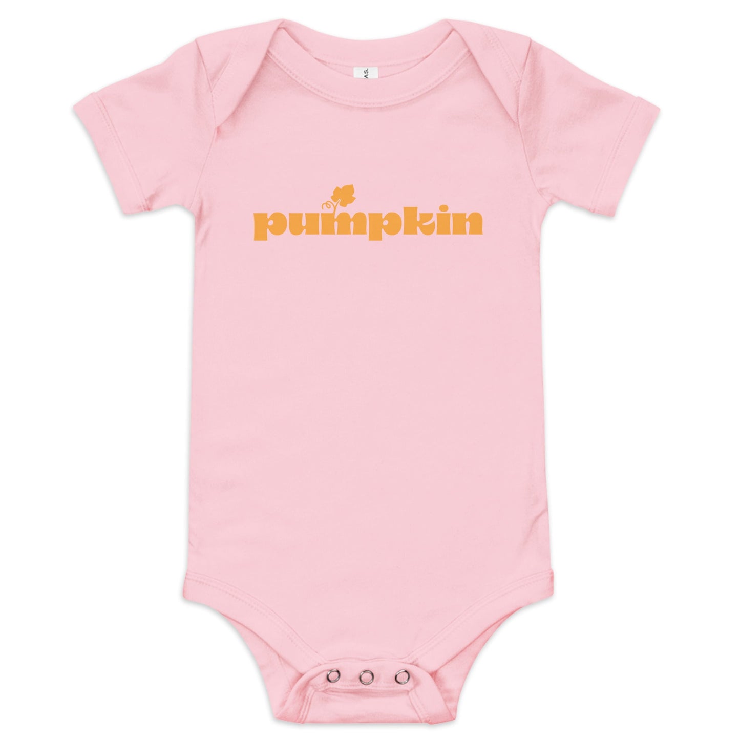 Chunky Deli product image: "Pumpkin" onesie (100% cotton, pink color) laid flat on a white background, showcasing the envelope shoulders, short sleeves, three-snap closure, and the text "Pumpkin" printed in orange across the chest.