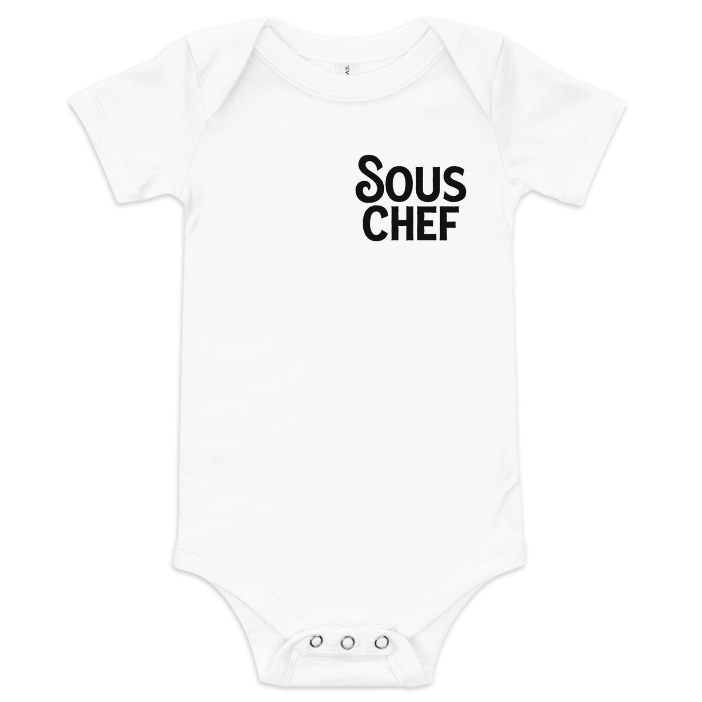 Chunky Deli product image: White-colored "Sous Chef" bodysuit (100% cotton) laid flat on a white background, showcasing the envelope shoulders and three-snap closure.