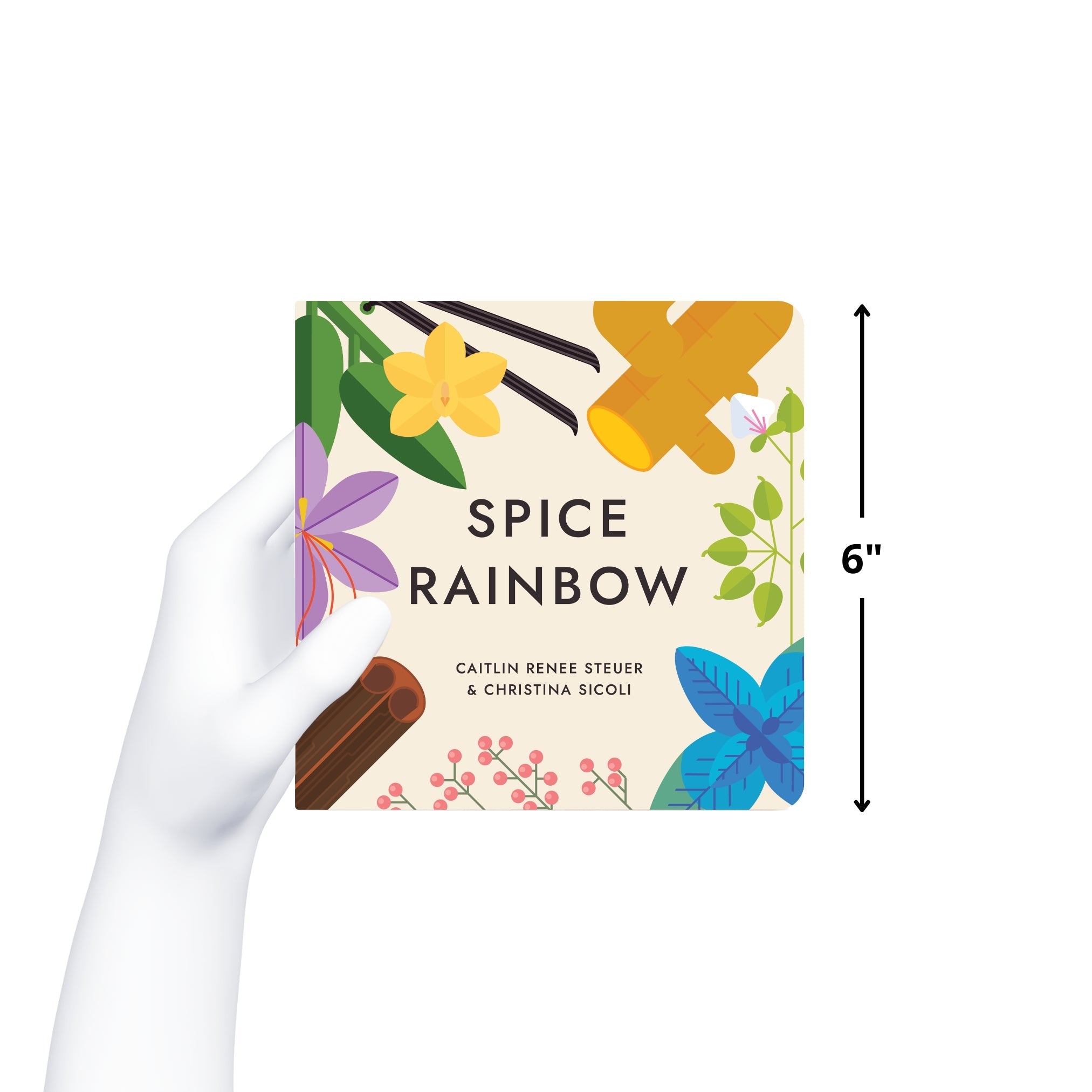 Hand holding the "Spice Rainbow" board book to demonstrate its approximate 6-inch size against a white background. Chunky Deli product photo.