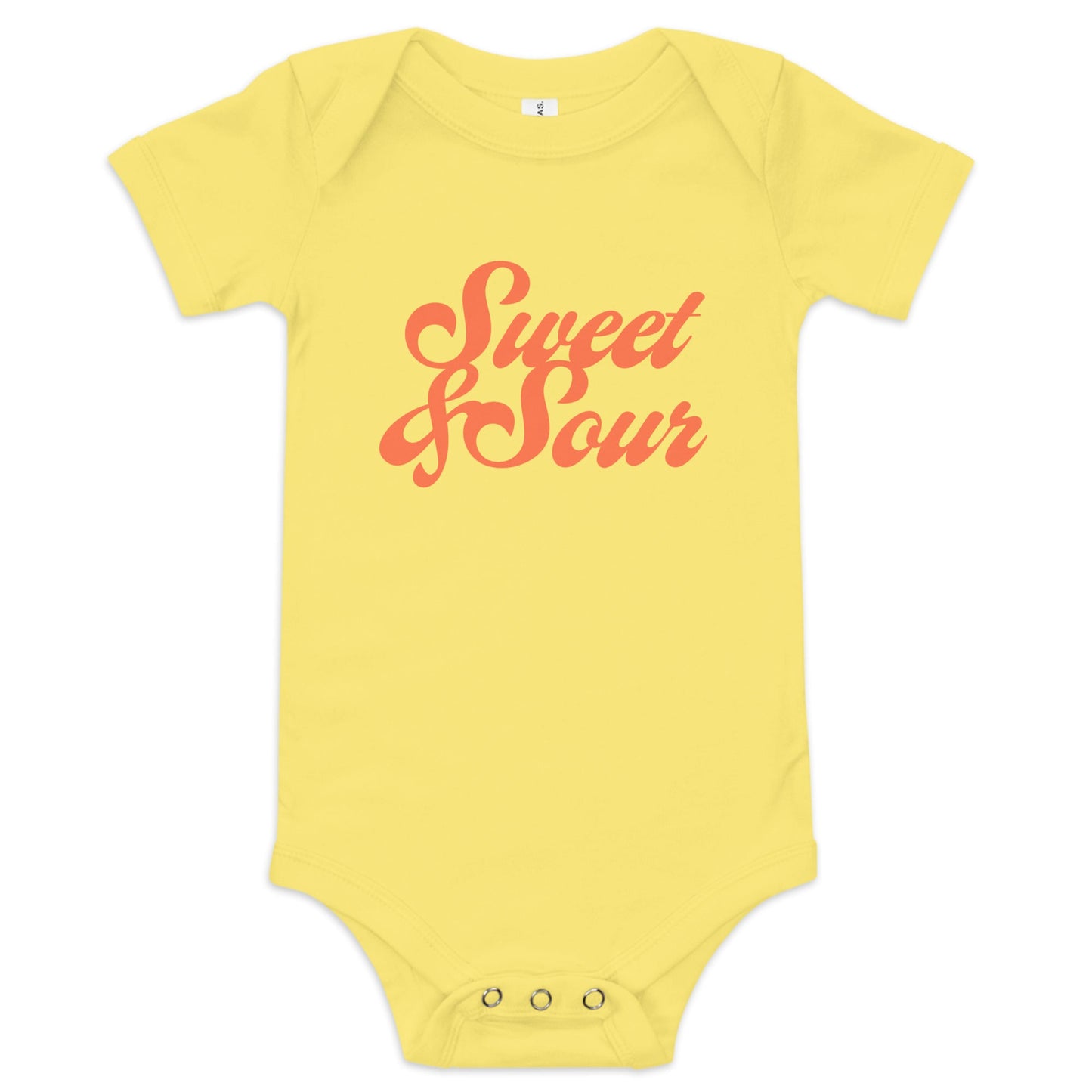 Chunky Deli product image: "Sweet and Sour" onesie (100% cotton, yellow color) laid flat on a white background, showcasing the envelope shoulders, short sleeves, three-snap closure, and the text "Sweet and Sour" in orange cursive font on the chest.