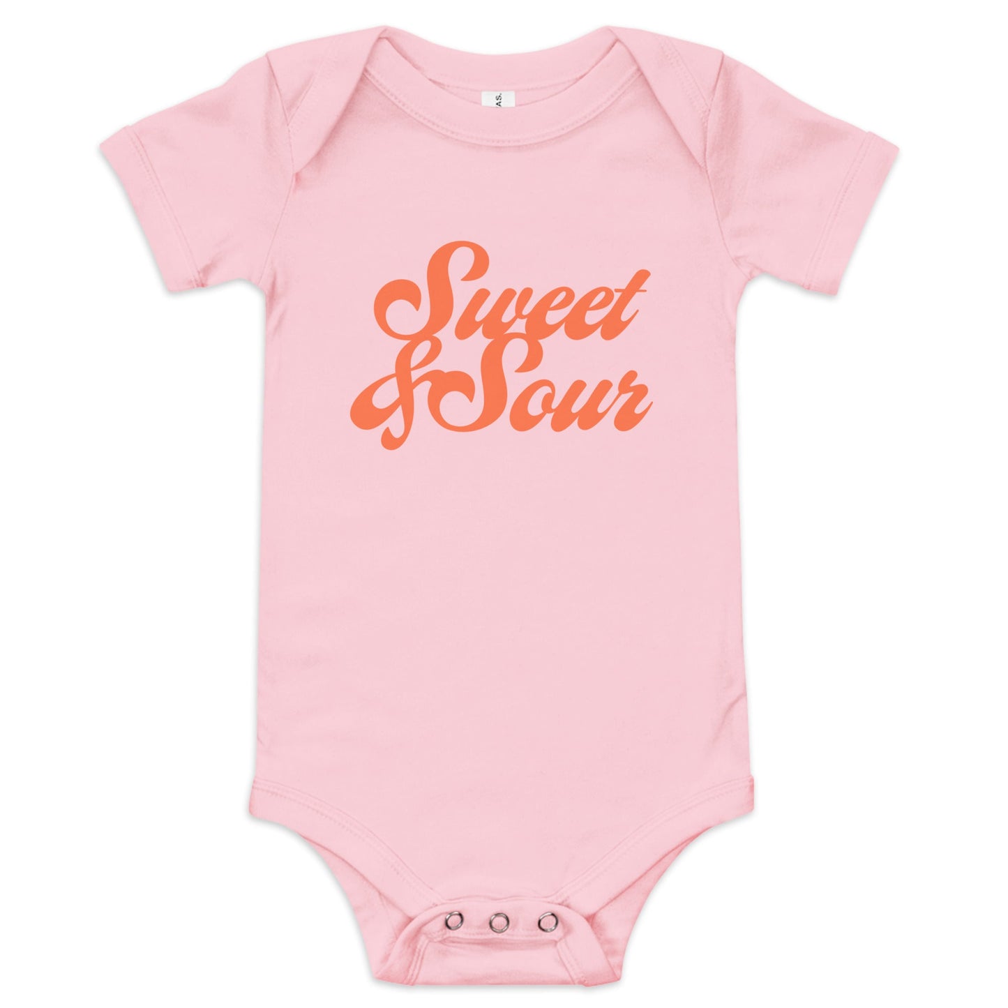 Chunky Deli product image: "Sweet and Sour" onesie (100% cotton, pink color) laid flat on a white background, showcasing the envelope shoulders, short sleeves, three-snap closure, and the text "Sweet and Sour" in orange cursive font on the chest.