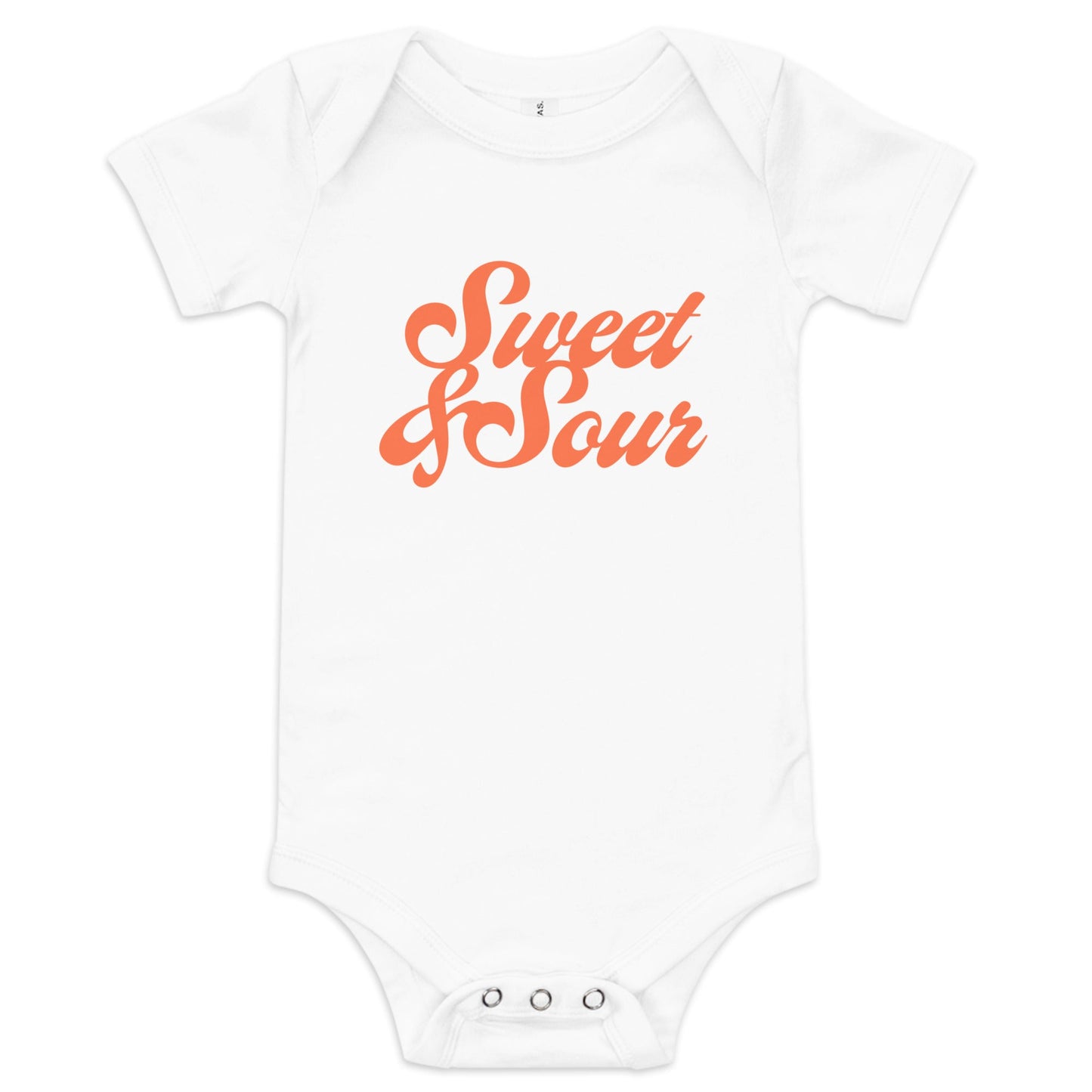 Chunky Deli product image: "Sweet and Sour" onesie (100% cotton, natural color) laid flat on a white background, showcasing the envelope shoulders, short sleeves, three-snap closure, and the text "Sweet and Sour" in orange cursive font on the chest.