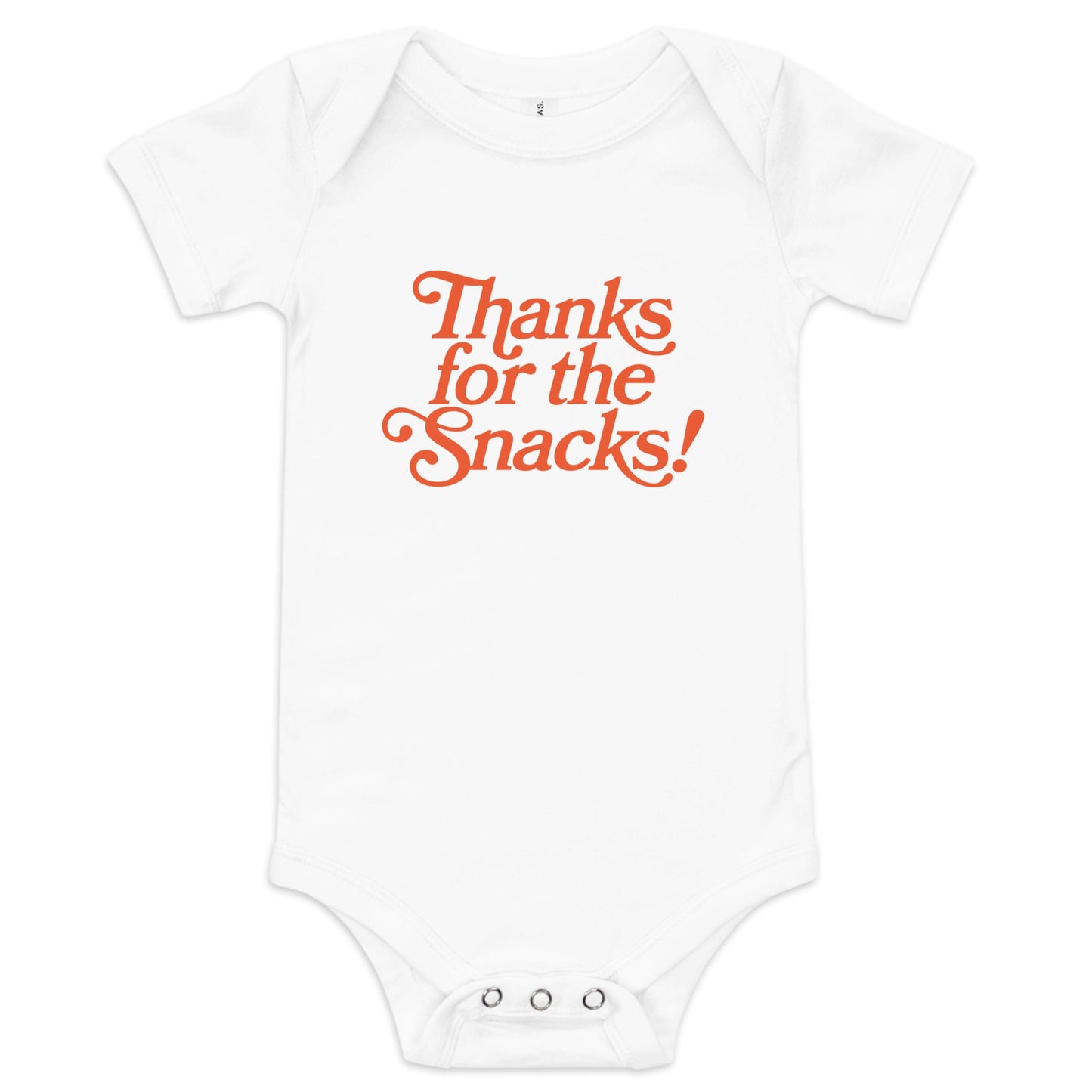 Chunky Deli product image: Natural-colored "Thanks for the Snacks!" bodysuit, 100% cotton with envelope shoulders and three-snap closure, laid flat on a white background.