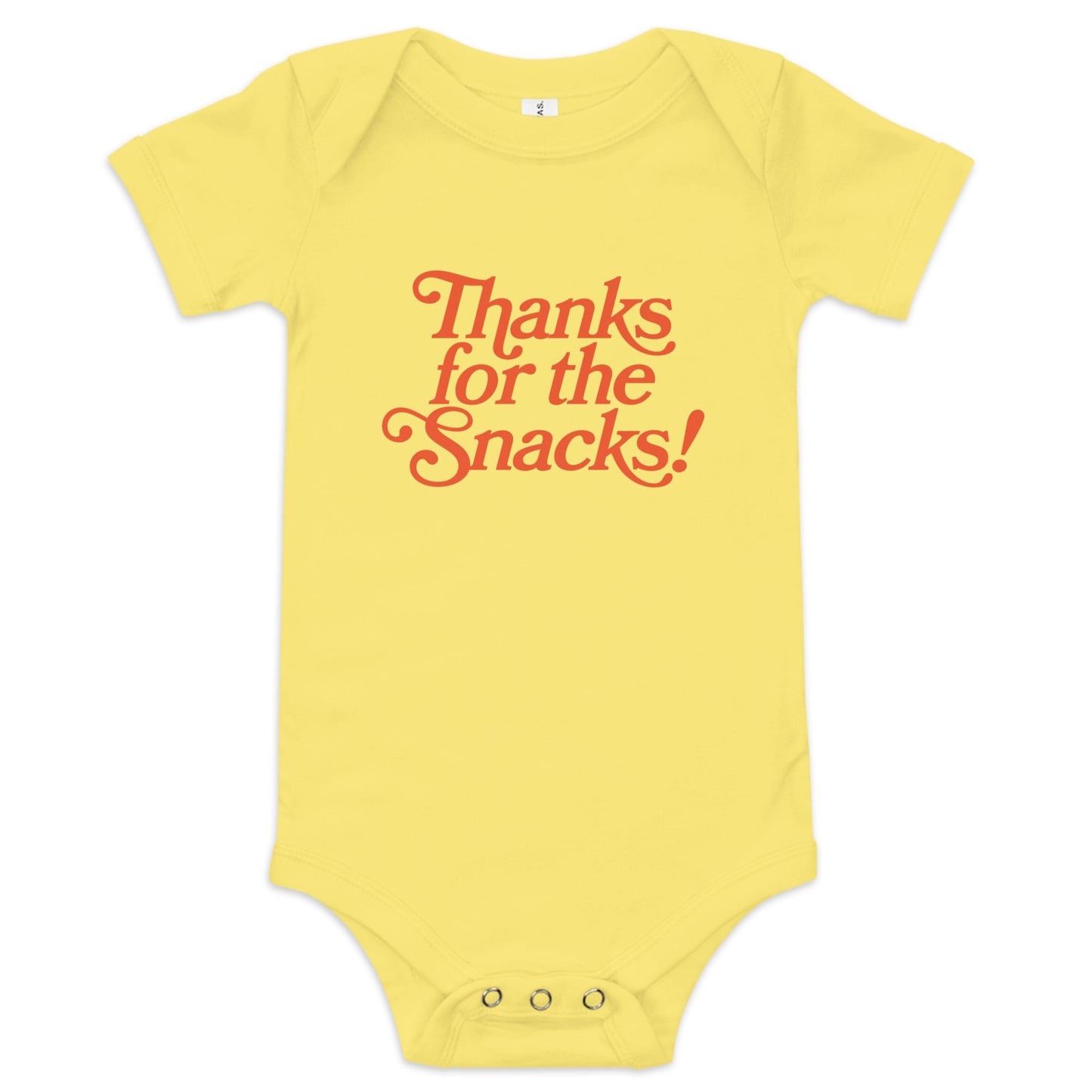 Chunky Deli product image: Yellow-colored "Thanks for the Snacks!" bodysuit, 100% cotton with envelope shoulders and three-snap closure, laid flat on a white background.