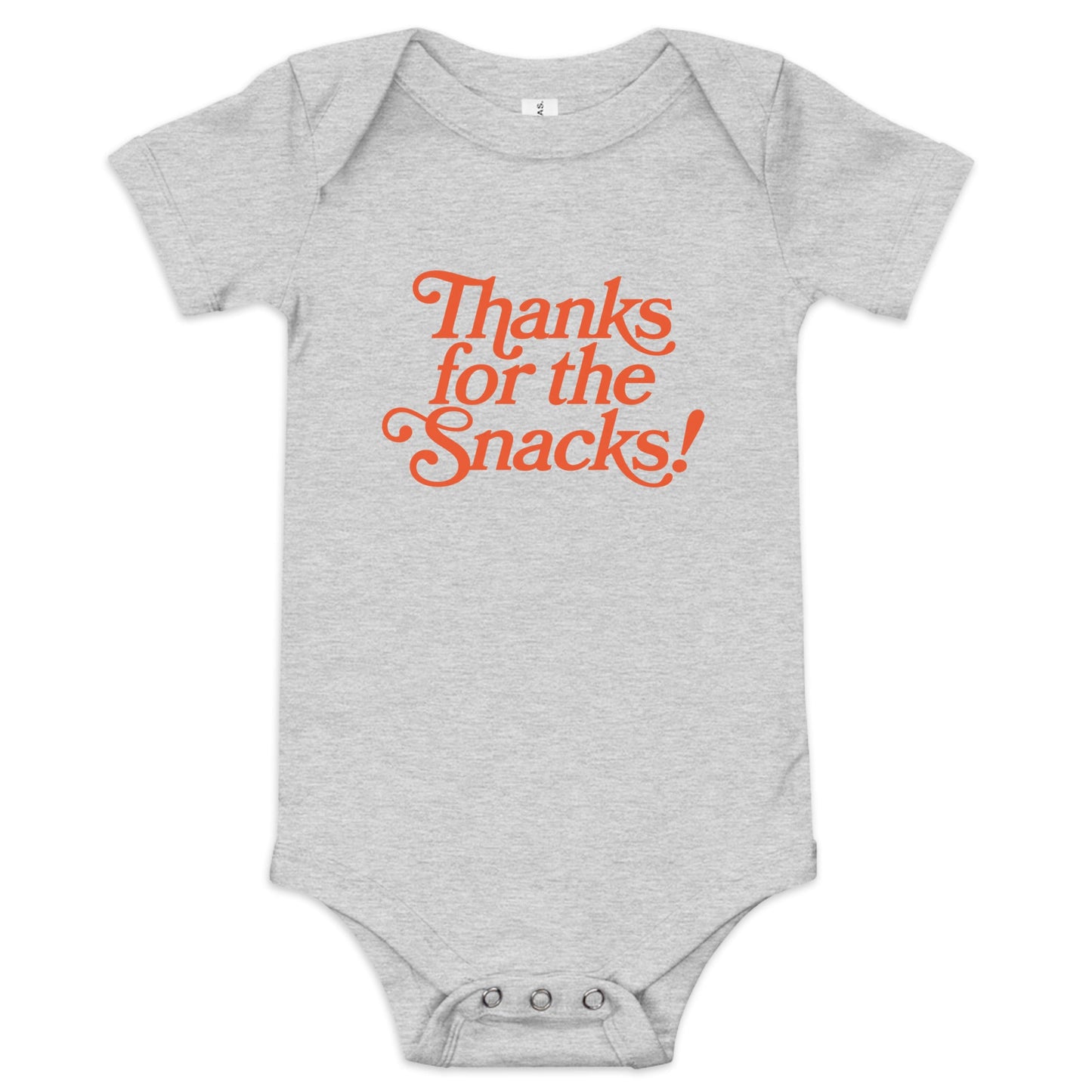 Chunky Deli product image: Grey-colored "Thanks for the Snacks!" bodysuit, 100% cotton with envelope shoulders and three-snap closure, laid flat on a white background.