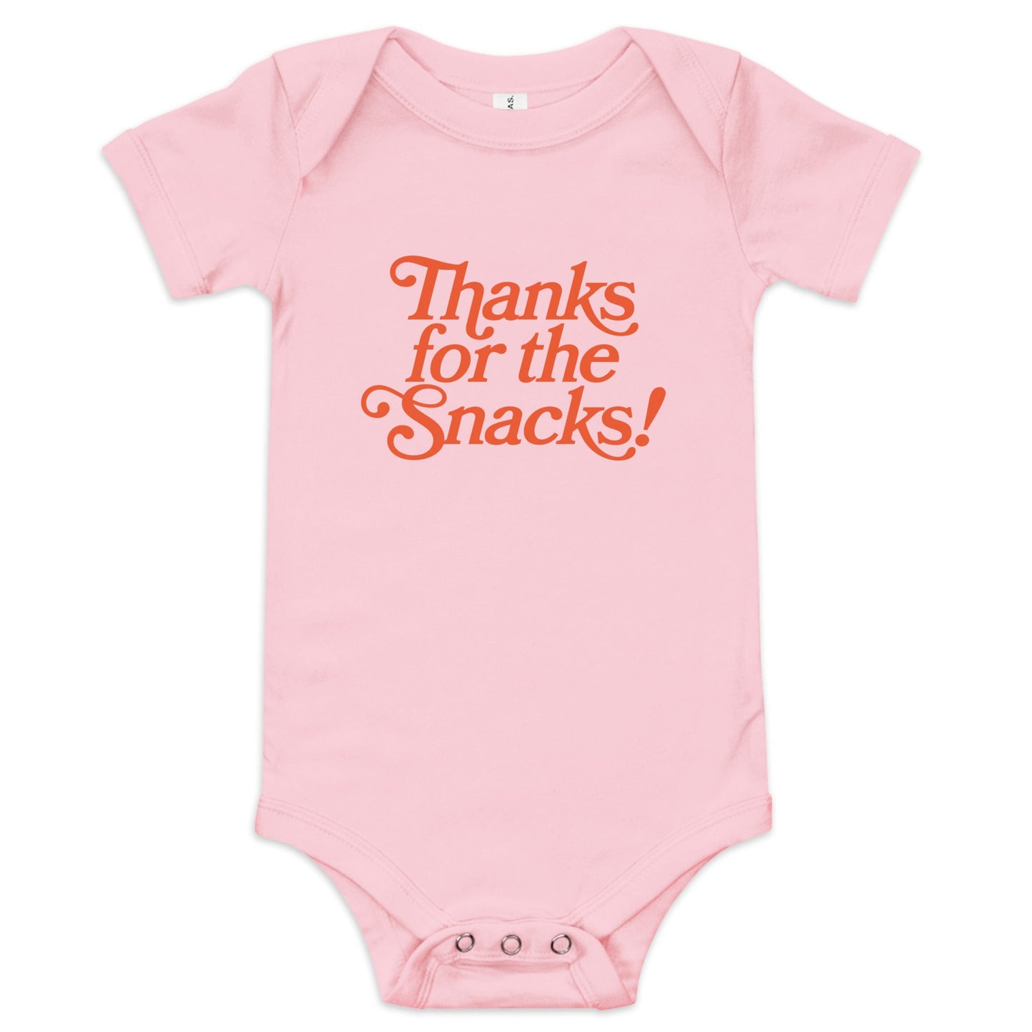 Chunky Deli product image: Pink-colored "Thanks for the Snacks!" bodysuit, 100% cotton with envelope shoulders and three-snap closure, laid flat on a white background.
