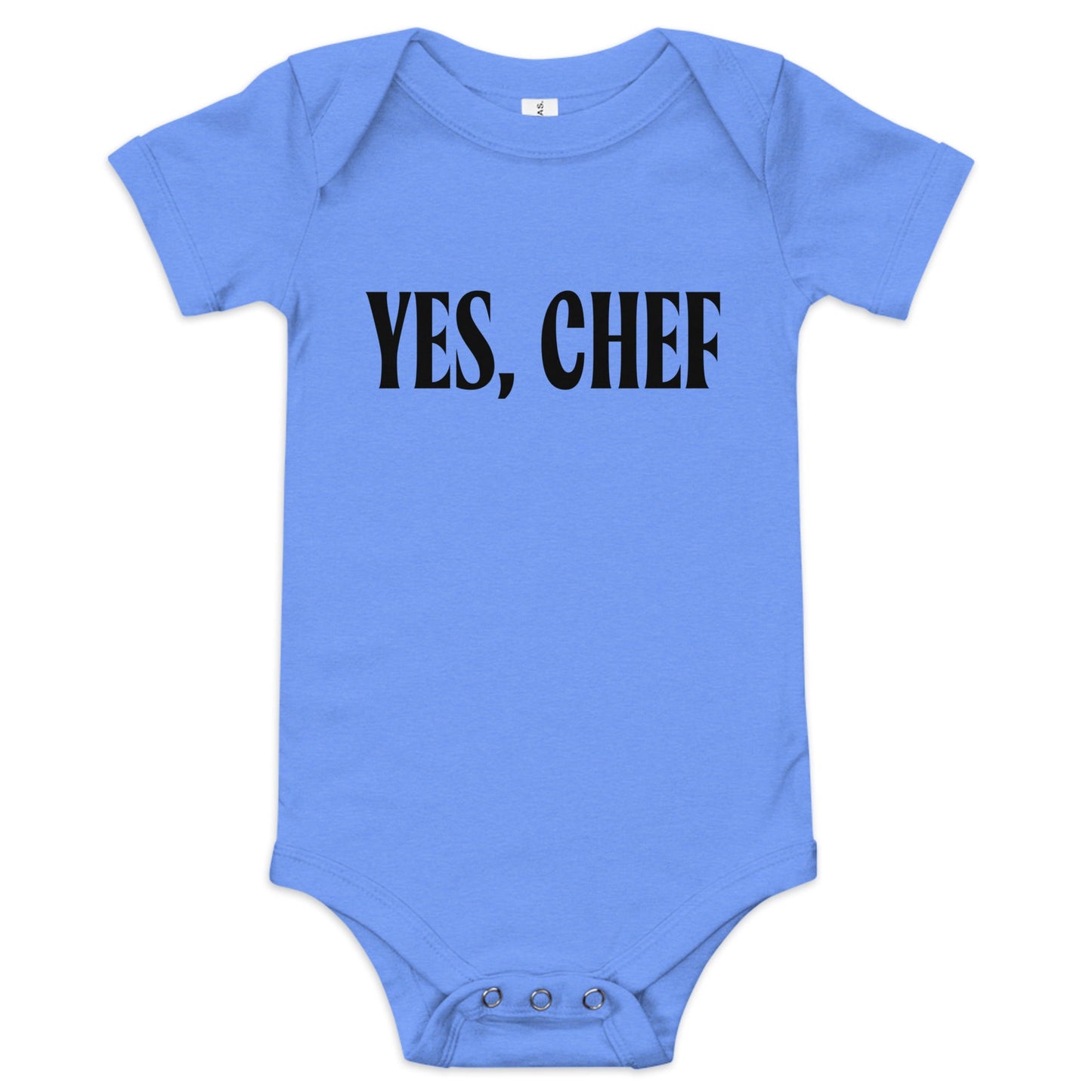 Chunky Deli product image: "Yes, Chef" onesie (100% cotton, blue color) laid flat on a white background, showcasing the envelope shoulders, short sleeves, three-snap closure, and the text "Yes, Chef" printed in black across the chest.