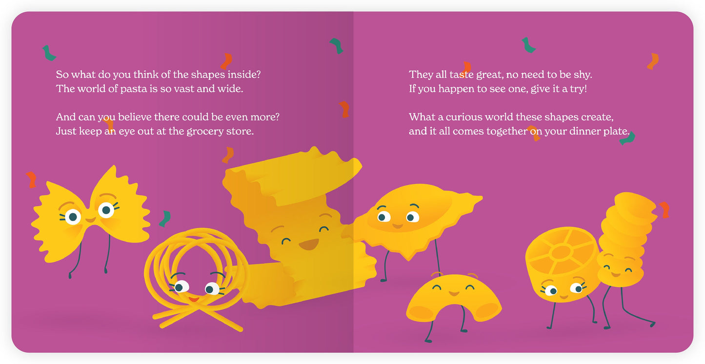 Inside pages of Little Book of Pasta showing the finale of all the pasta shapes, encouraging children and kids to try new shapes and keep an eye out for the pasta at the grocery store.