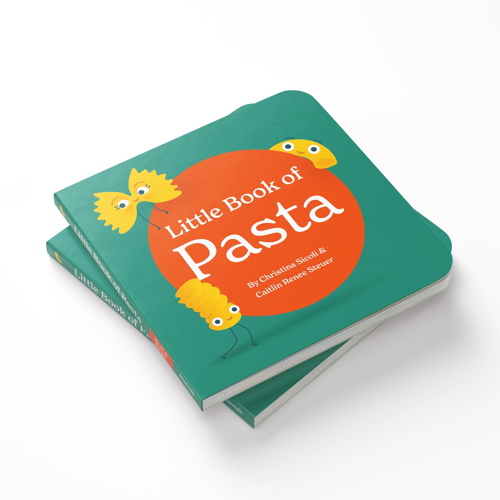 Stack of two children's board books, Little Book of Pasta, a story about Italian pasta shapes and how to pronounce each shape's proper name.