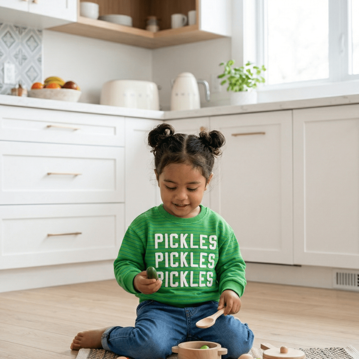 Toddler plays in the kitchen wearing Pickles sweater from Chunky Deli