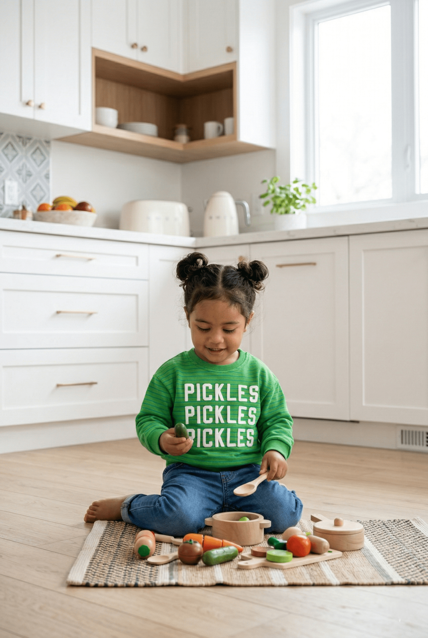 Toddler plays in the kitchen wearing Pickles sweater from Chunky Deli