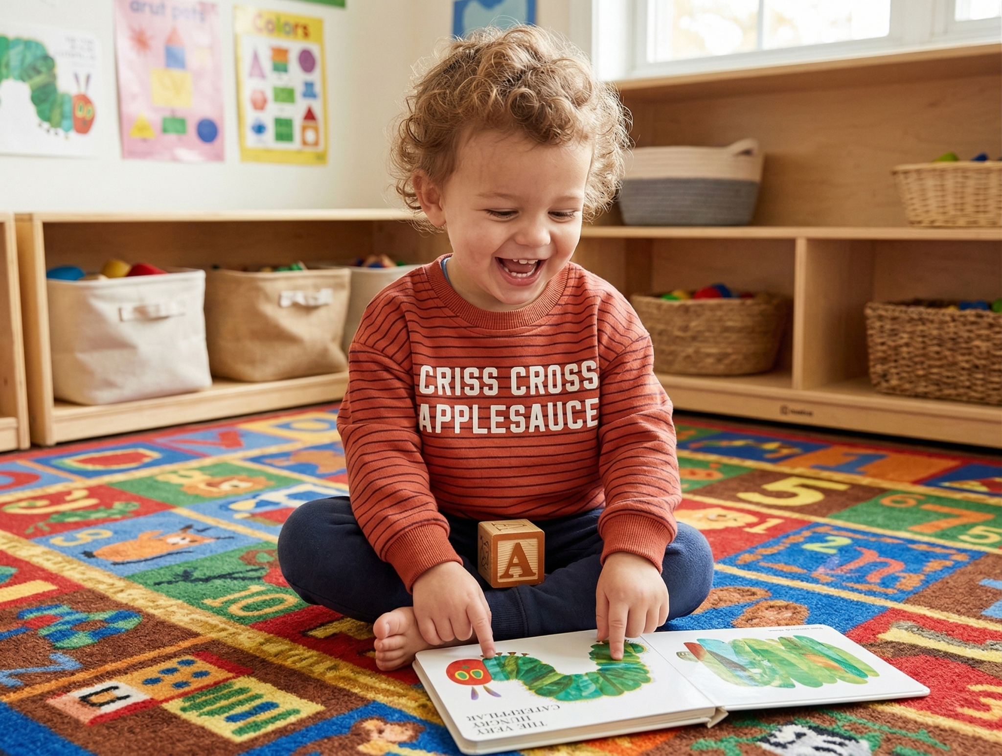 Young Girl playing in the classroom with crisscross applesauce sweater from chunky deli