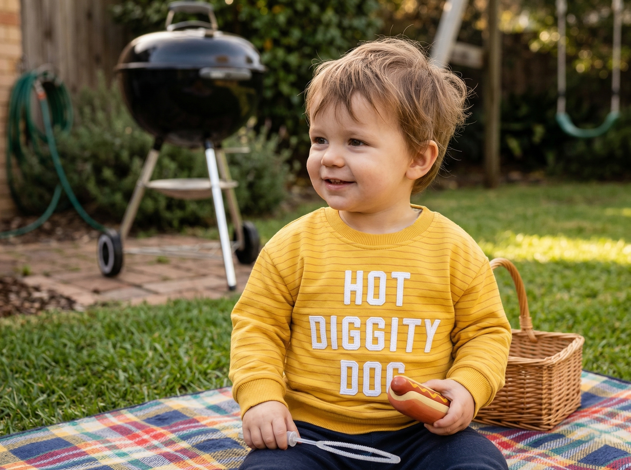 Young man sits at a picnic wearing the Hot Diggity Dog sweater from Chunky Deli