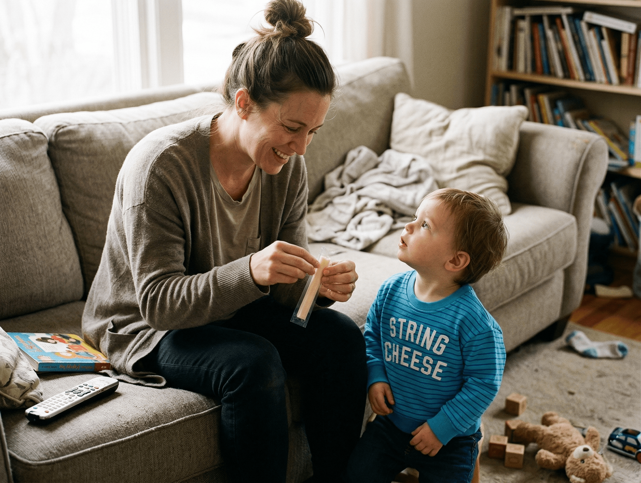 Loving Mother opens string cheese for her toddler, wearing a string cheese sweater from chunky deli