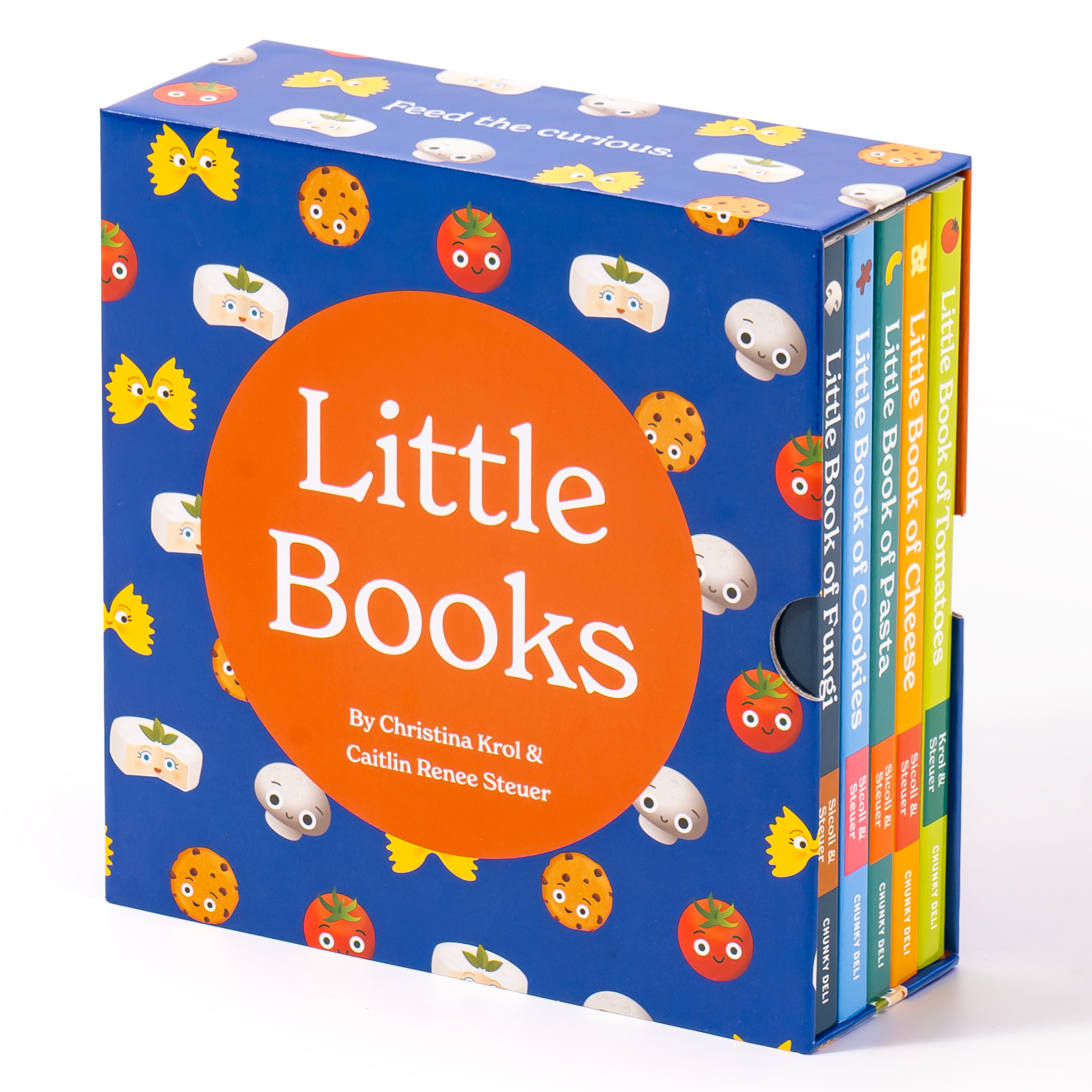 Chunky Deli Product Image: Little Books: Starter Collection boxed set containing five board books: Little Book of Cheese, Little Book of Cookies, Little Book of Fungi, Little Book of Cookies, and Little Book of Pasta, in a patterned blue slipcase.