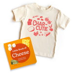 Chunky Deli 'Char-cutie Cheese Starter Pack' featuring a beige, 100% cotton, short sleeve toddler tee with red 'Char-Cutie' text and 'Little Book of Cheese' 6x6 inch, 18-page board book by Christina Krol and Caitlin Renee Steuer.