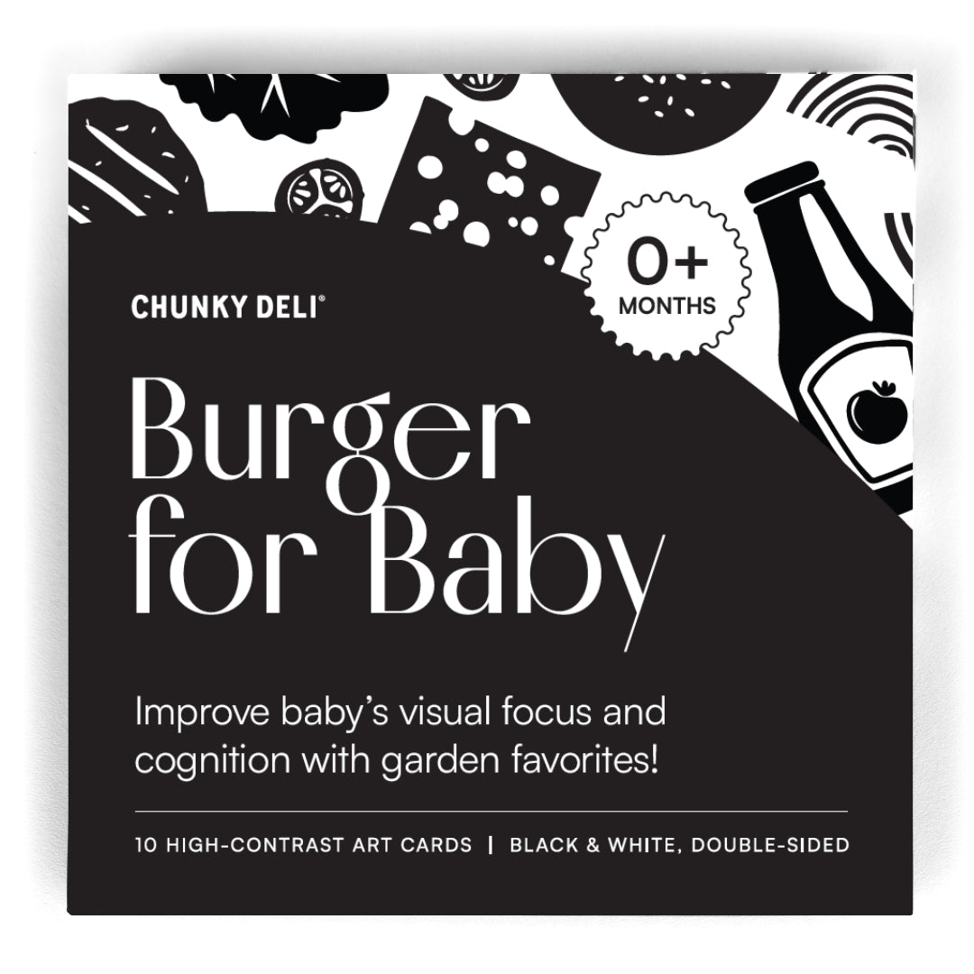 Close-up of the Chunky Deli Burger for Baby box for 10 high-contrast black and white double-sided art cards for 0+ months.