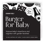 Close-up of the Chunky Deli Burger for Baby box for 10 high-contrast black and white double-sided art cards for 0+ months.
