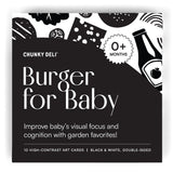 Close-up of the Chunky Deli Burger for Baby box for 10 high-contrast black and white double-sided art cards for 0+ months.
