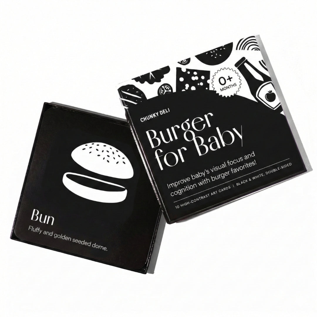 Chunky Deli product image: Open box of "Burger for Baby" high-contrast black and white art cards for babies' visual stimulation and sensory play, showcasing a card with a high-contrast image of a bun. All laid flat on a white background.