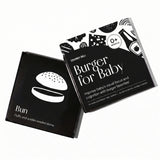 Chunky Deli product image: Open box of "Burger for Baby" high-contrast black and white art cards for babies' visual stimulation and sensory play, showcasing a card with a high-contrast image of a bun. All laid flat on a white background.