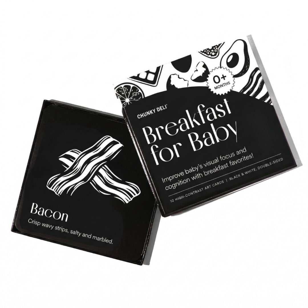 Chunky Deli product image: Open box of "Breakfast for Baby" high-contrast black and white art cards for babies' visual stimulation and sensory play, showcasing a card with a high-contrast image of Bacon. All laid flat on a white background.