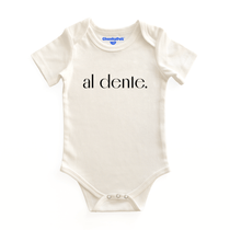  Product display image of the "Al Dente" baby bodysuit in natural cotton, laid flat on a white background. Chunky Deli product image.