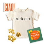 Chunky Deli product image: Toddler Pasta Gift Bundle including the Play Pasta Felt Set, Little book of pasta and Al dente Kids' Tee with a CIAO! Gift note on a white background.