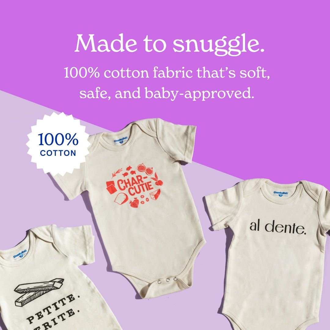 Three baby onesies with text on a purple background, featuring the brand 'Chunky Deli'.