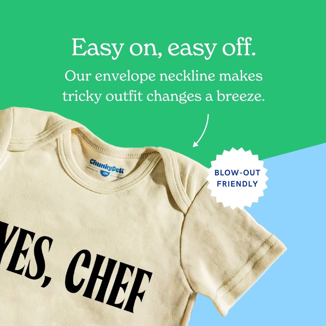 Beige t-shirt with 'YES, CHEF' text on a green and blue gradient background with promotional text.