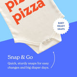 Baby onesie with 'pizza' text on a blue background