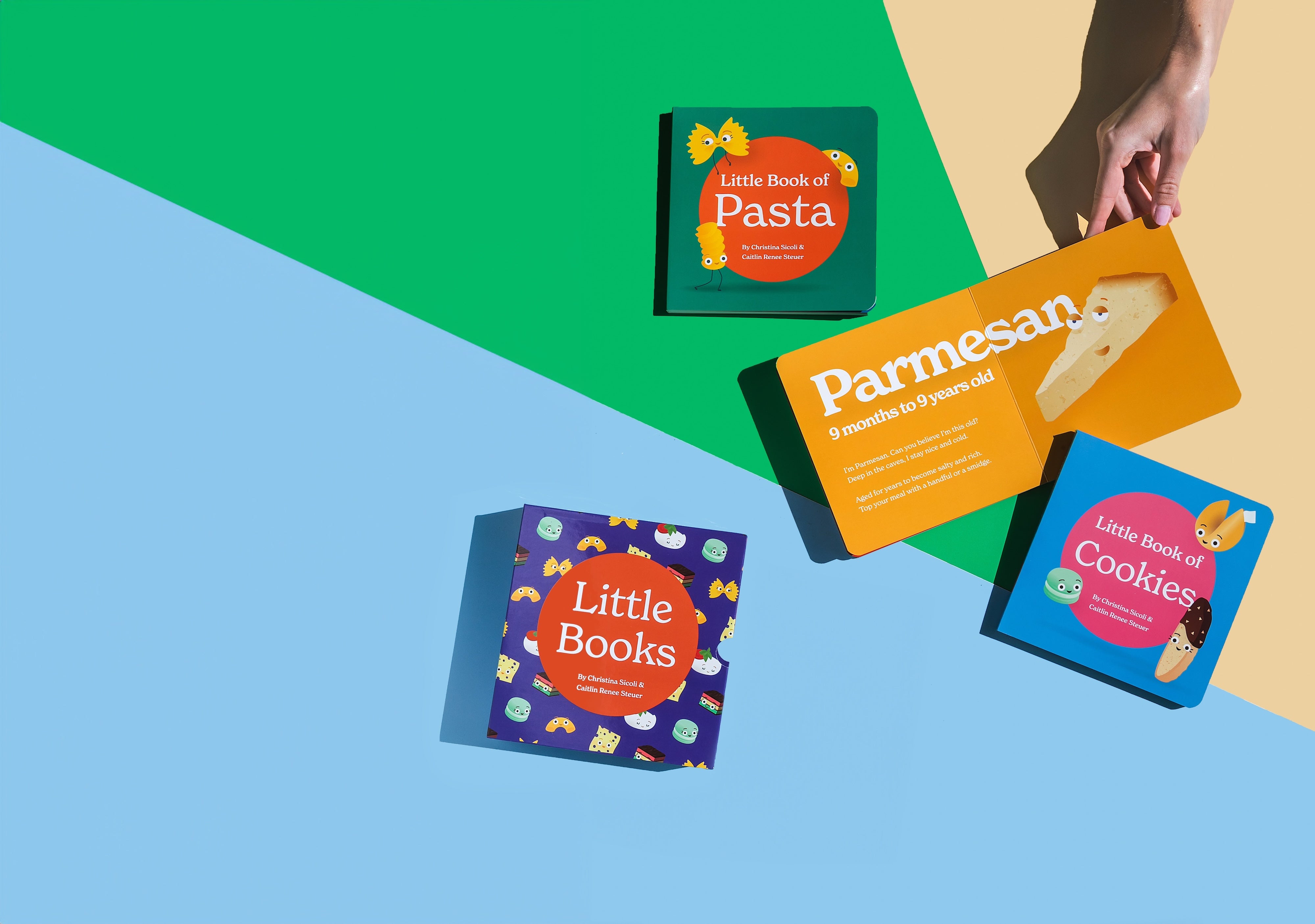 A hand holds open a copy of "Little Book of Cheese" on a green and blue background, revealing the orange page for "Parmesan." Other books from the Chunky Deli collection, including "Little Book of Pasta," "Little Book of Cookies," and "Little Books," are also visible.