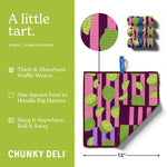 Chunky Deli A little Tart cleaning cloths with packaging and features on a lime green background