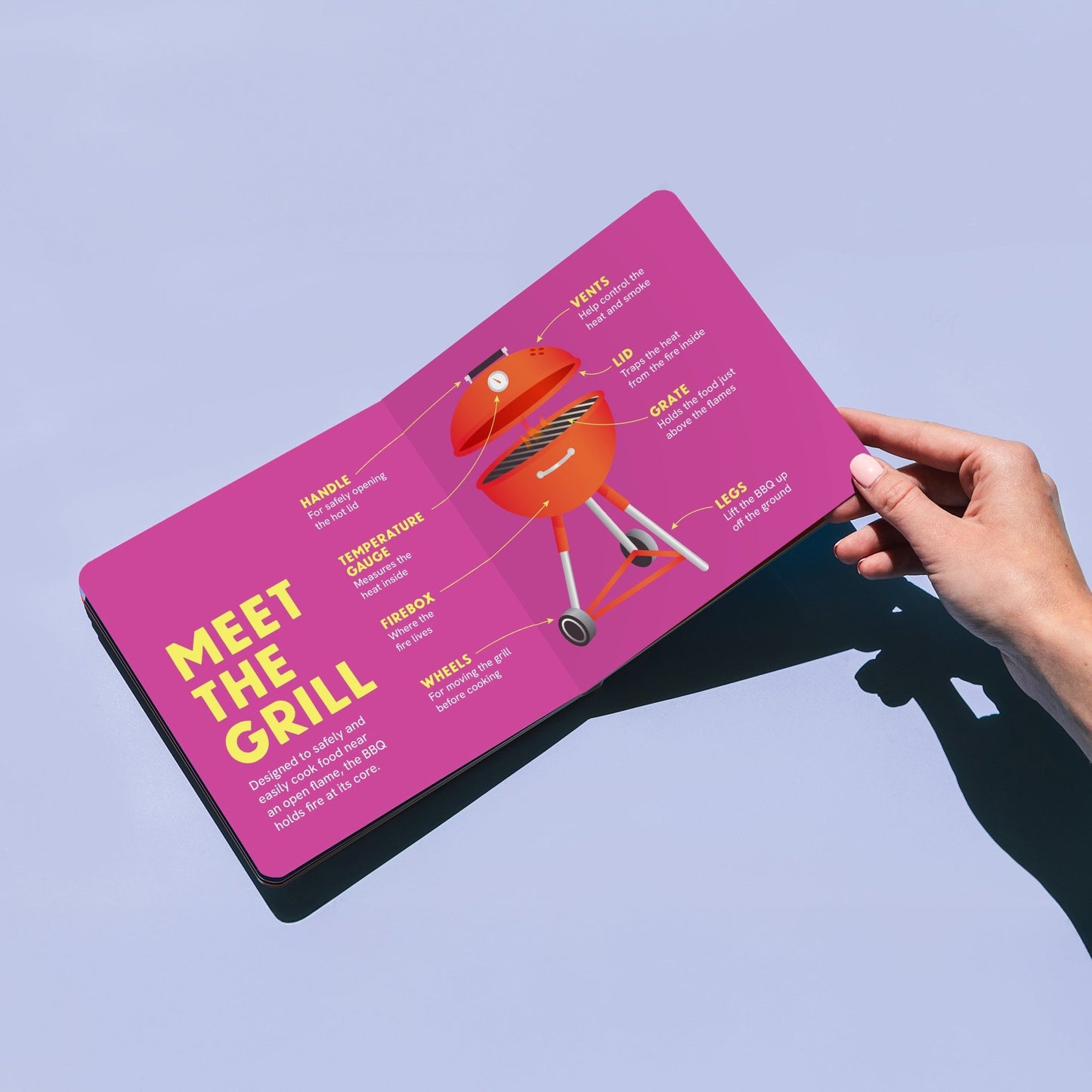 Open page of the 'A Tiny Guide to BBQ' board book titled 'Meet the Grill,' featuring labeled illustrations of various barbecue components like the lid, grates, charcoal, and tools, accompanied by short descriptions. Chunky Deli product image.