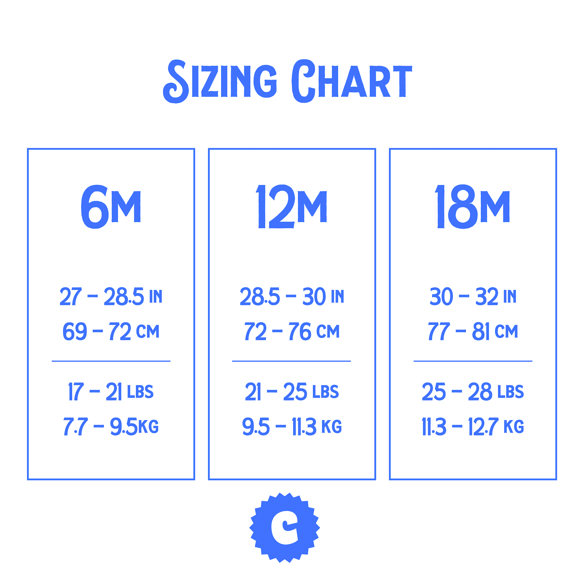  Chunky Deli sizing chart for baby bodysuit, providing dimensions in inches and centimeters for 6, 12, and 18 months, along with corresponding weight ranges in pounds and kilograms.