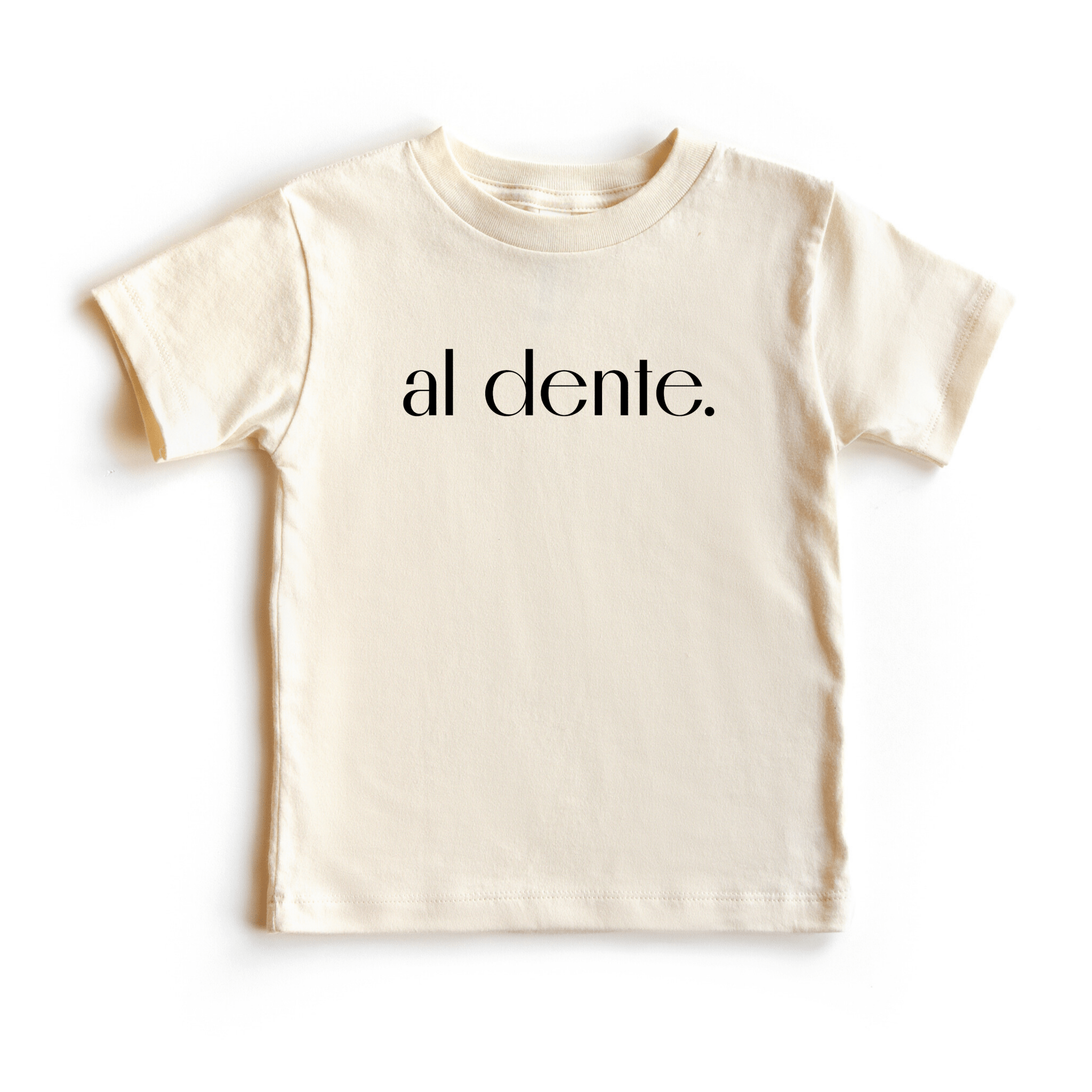 Chunky Deli product image: Toddler tee in 100% cotton, short sleeve, beige/natural color. Features printed text reading "al dente" in black lettering on the chest.