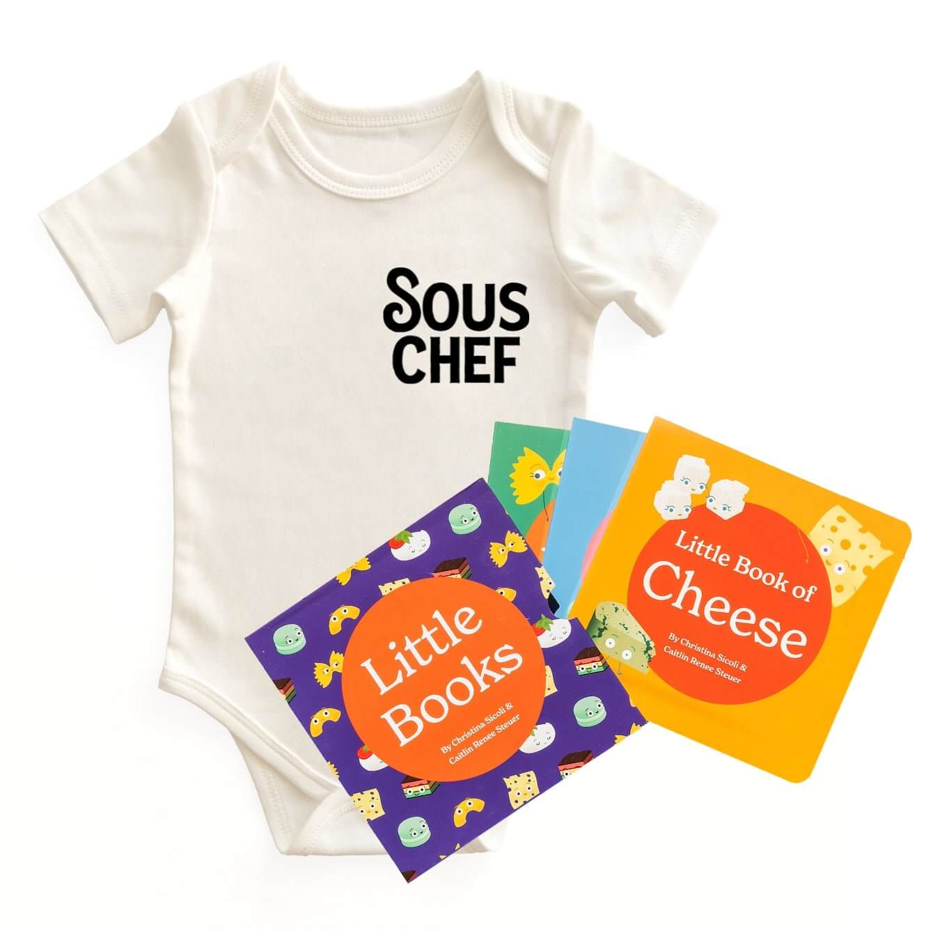 Chunky Deli "Sous Chef Starter Pack" featuring a white, 100% cotton, short sleeve baby bodysuit with black "SOUS CHEF" text, accompanied by the "Little Books: Culinary Collection" which includes "Little Book of Cheese", "Little Book of Cookies" and "Littl
