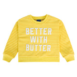 Better with Butter Kids Crewneck Sweater in bright yellow and white stripes, made of soft 100% cotton for kids.