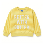 Better with Butter Kids Crewneck Sweater in bright yellow and white stripes, made of soft 100% cotton for kids.