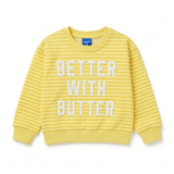 Better with Butter Kids Crewneck Sweater in bright yellow and white stripes, made of soft 100% cotton for kids.