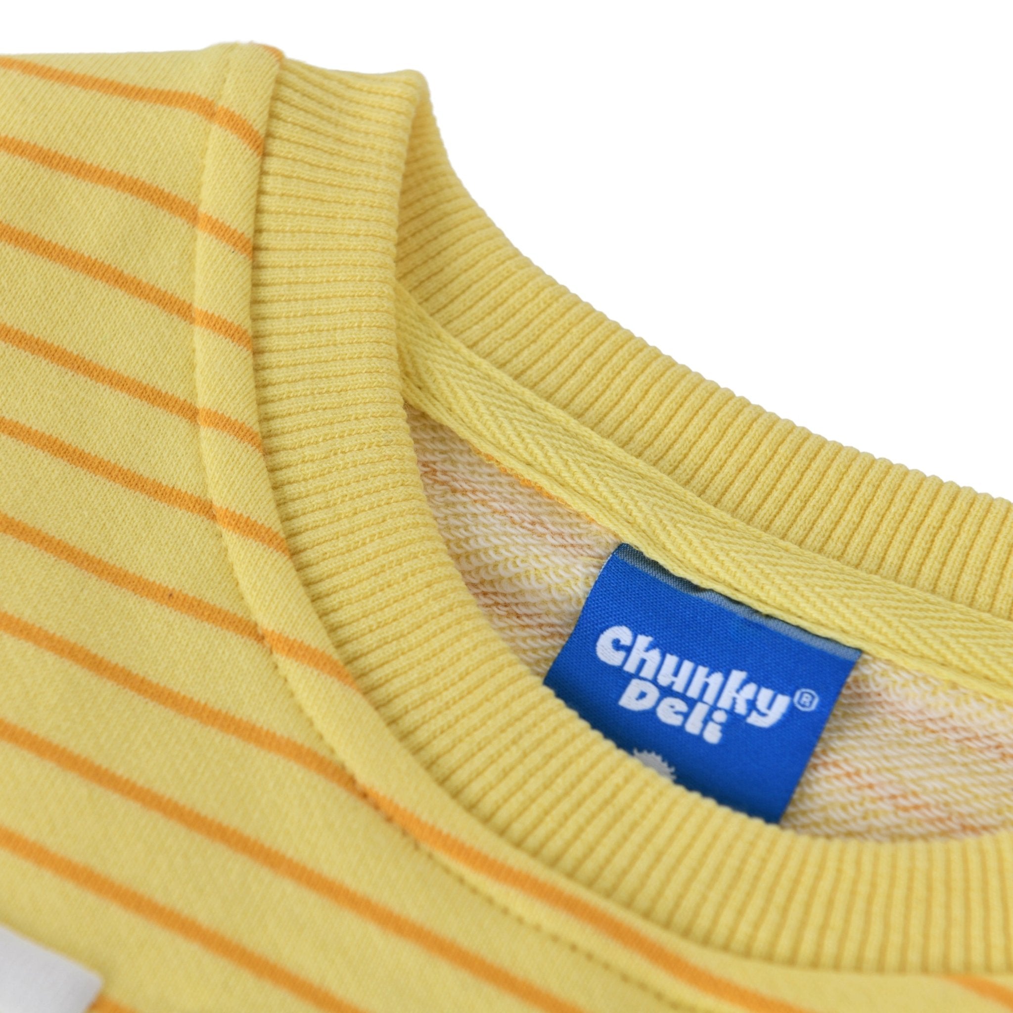 Better with Butter Kids Crewneck Sweater with bright yellow stripes from Chunky Deli, made of 100% cotton, soft fabric.