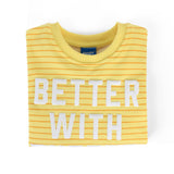 Better with Butter Kids Crewneck Sweater in yellow with white stripes, 100% cotton, soft and cozy for kids.