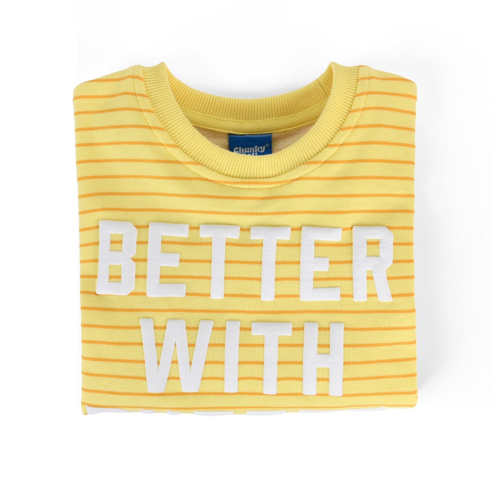 Better with Butter Kids Crewneck Sweater in yellow with white stripes, 100% cotton, soft and cozy for kids.